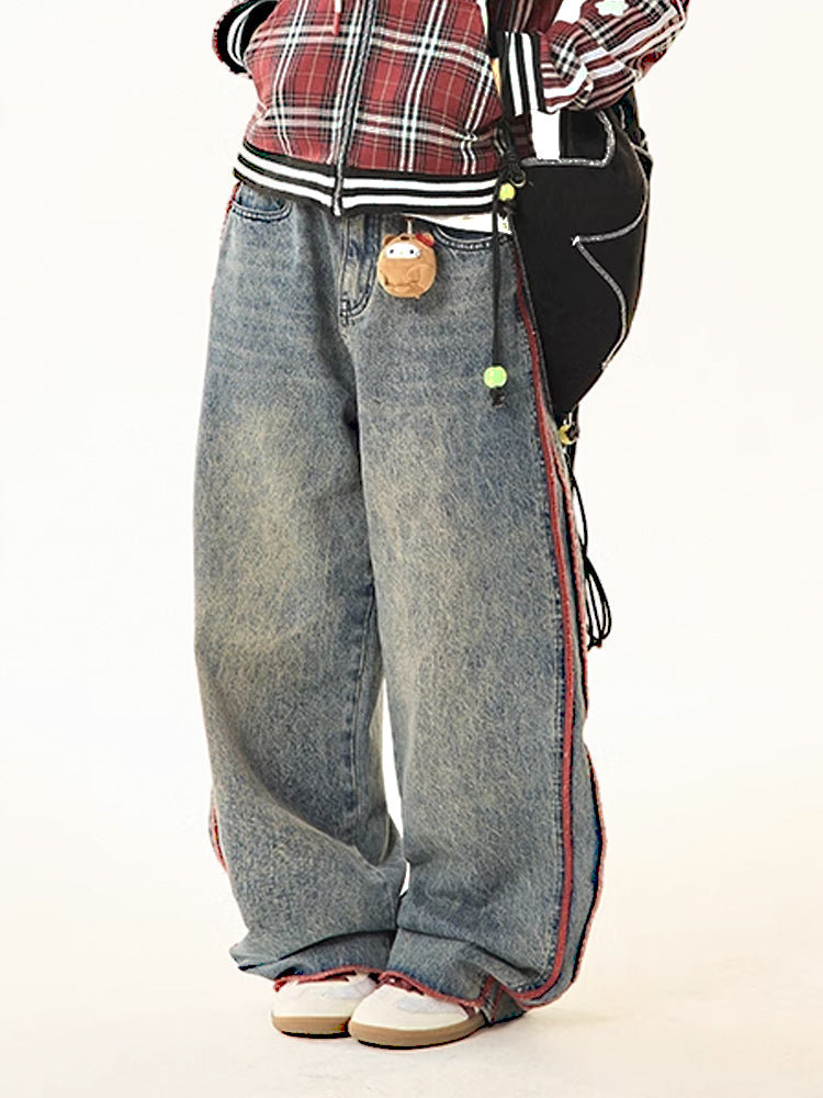 Vintage side red striped denim casual pants