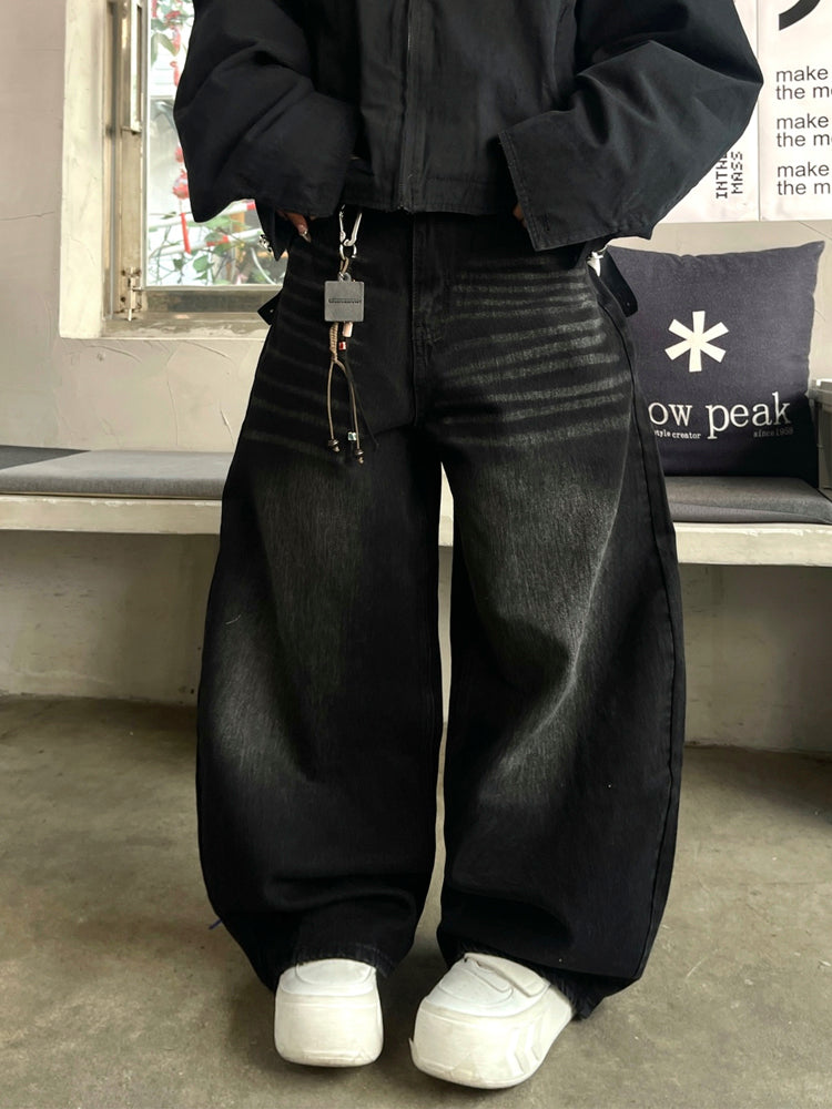 ヴィンテージブラック刺繍ワイドデニムパンツ