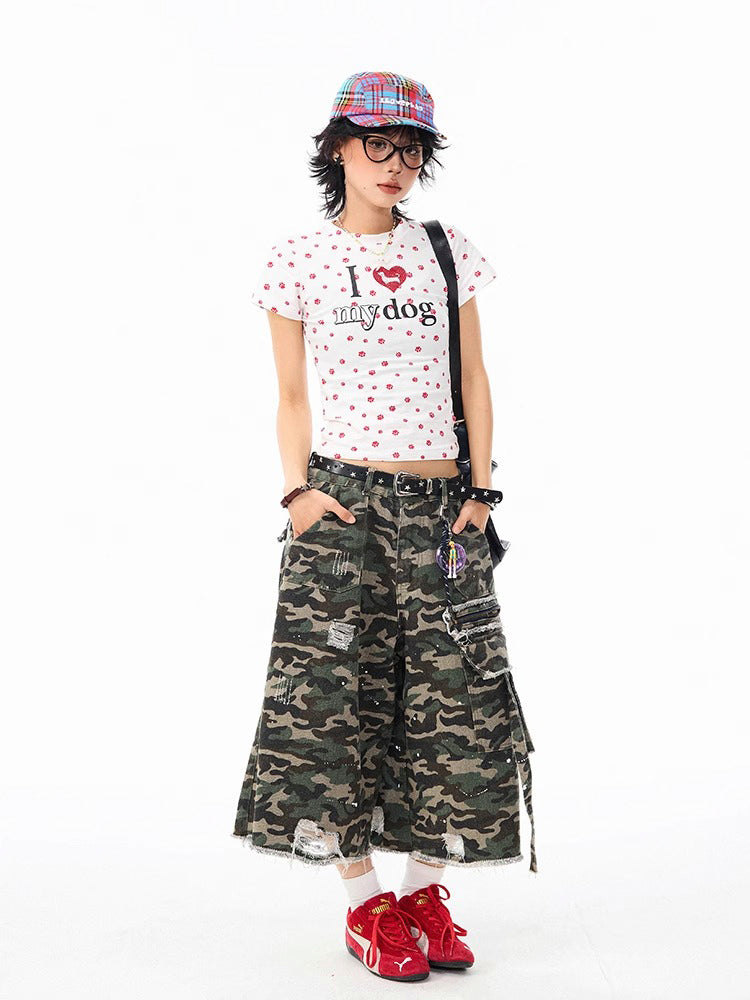 犬の爪跡プリントショートTシャツ