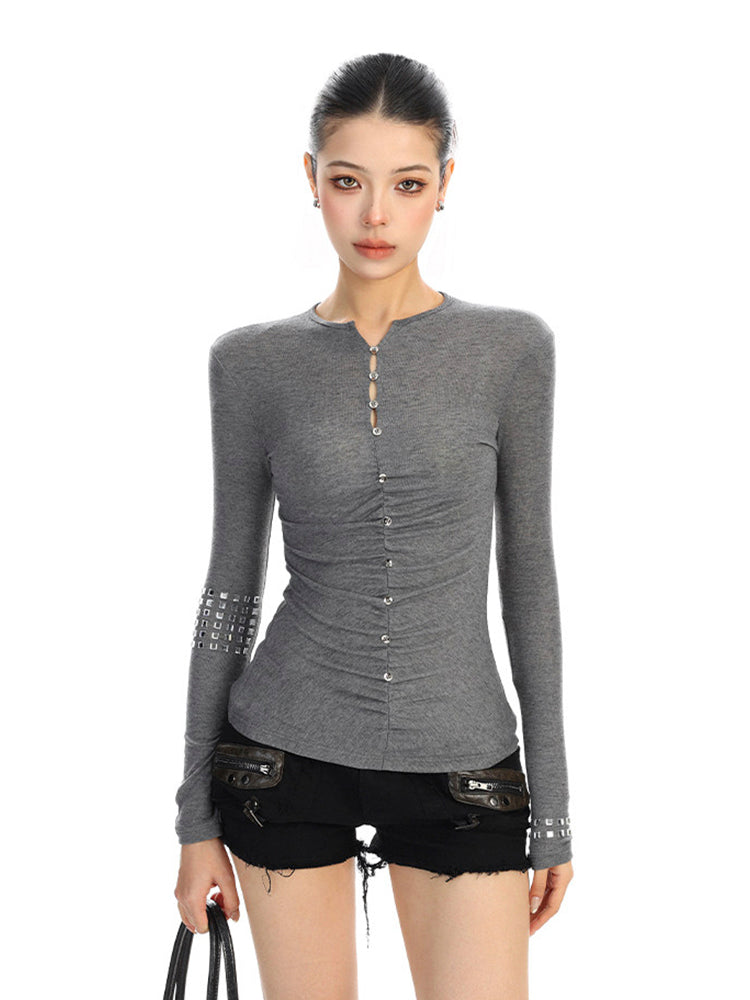 ラインストーンボタン ロングスリーブトップス