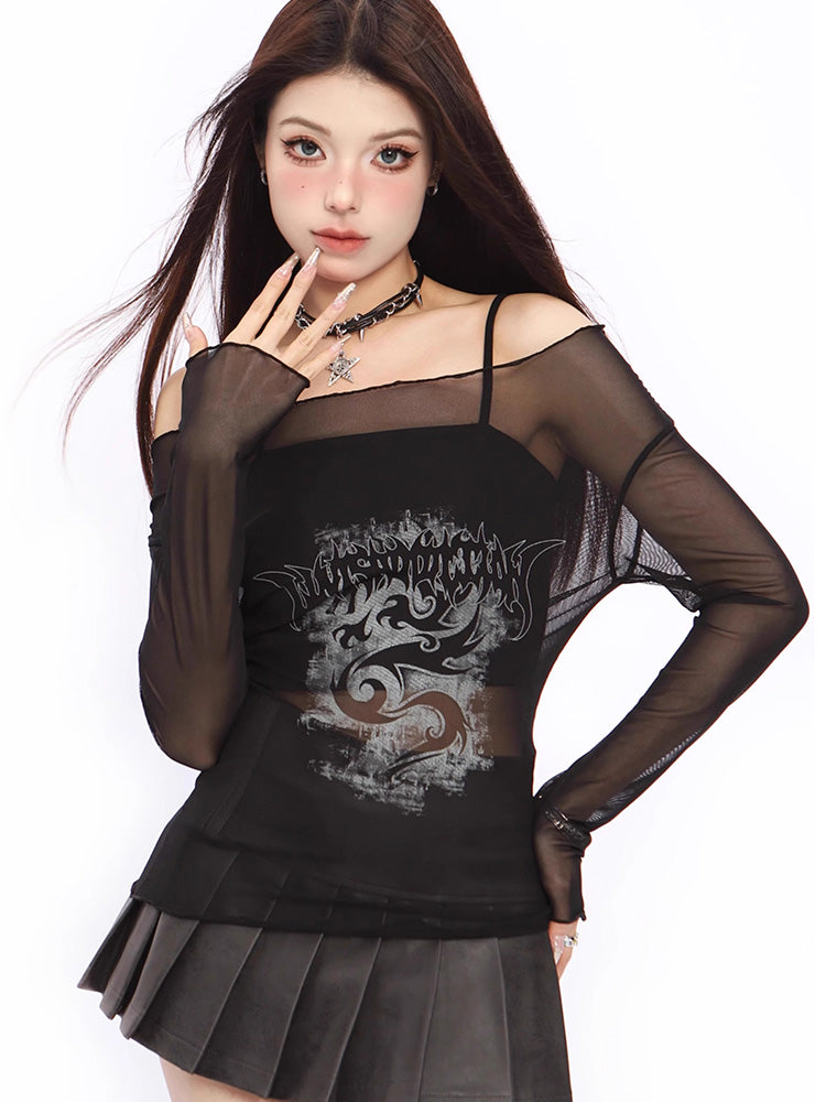 Mesh print long sleeve T-shirt