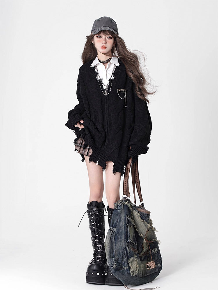 ダメージvネックニットコート(下架)