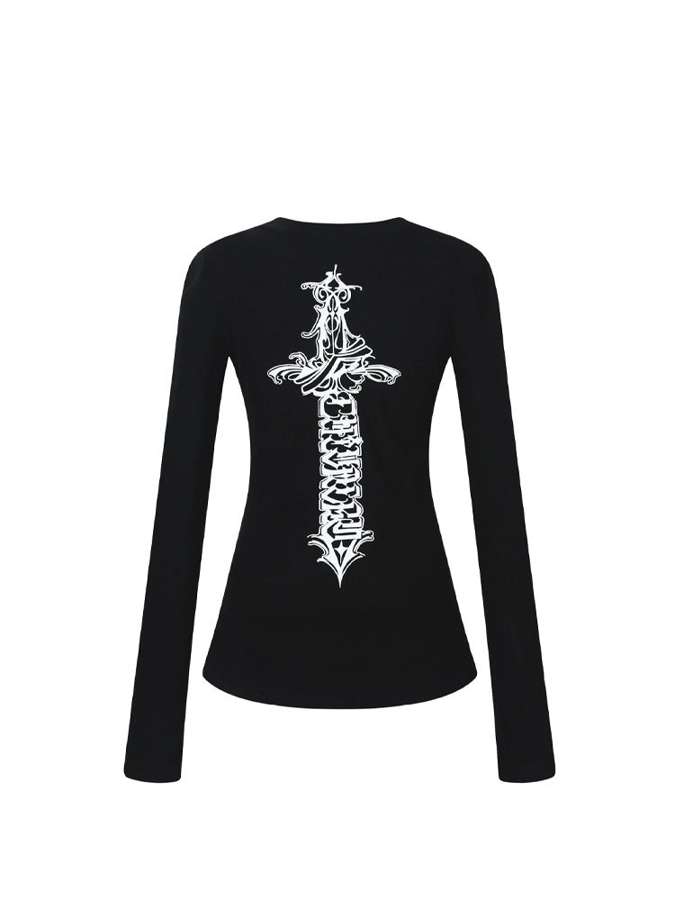 クロスプリント スリムシルエット 長袖トップス