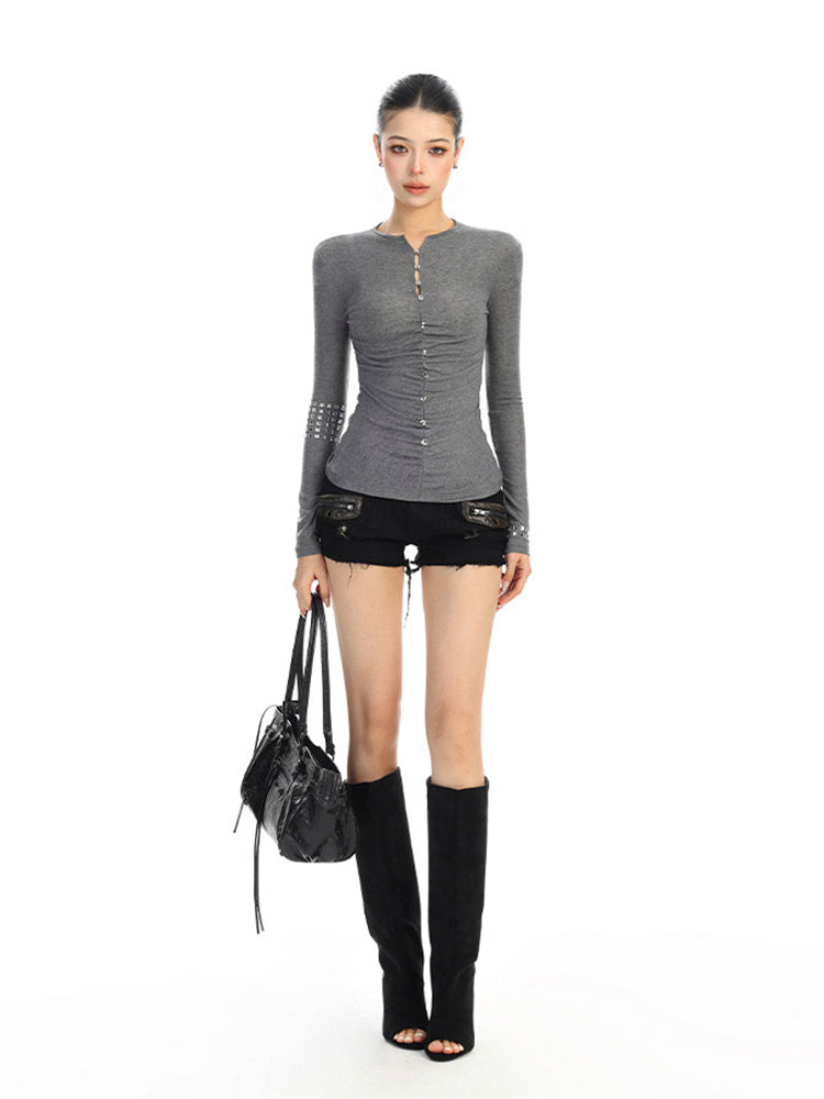 ラインストーンボタン ロングスリーブトップス