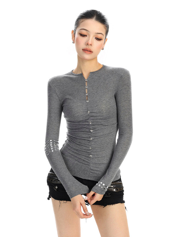 ラインストーンボタン ロングスリーブトップス