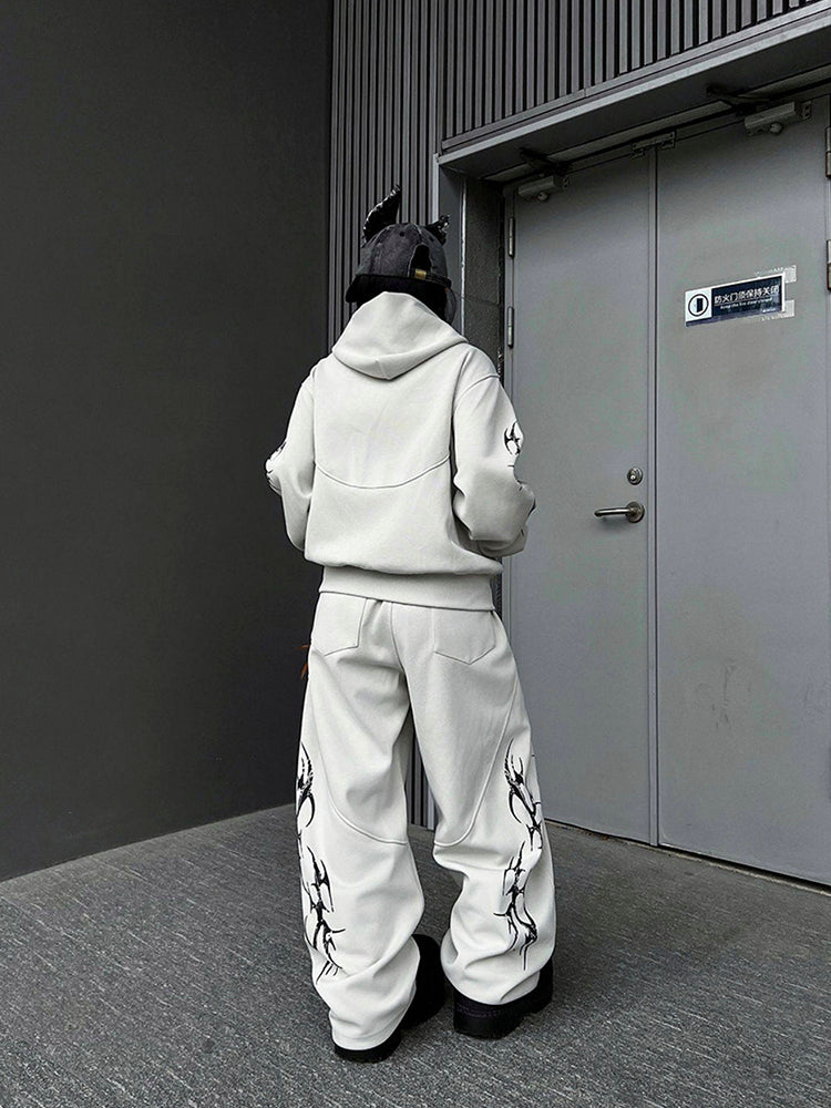 プリント カジュアル ジップアップフーディー セットアップ