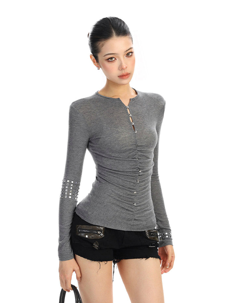 ラインストーンボタン ロングスリーブトップス