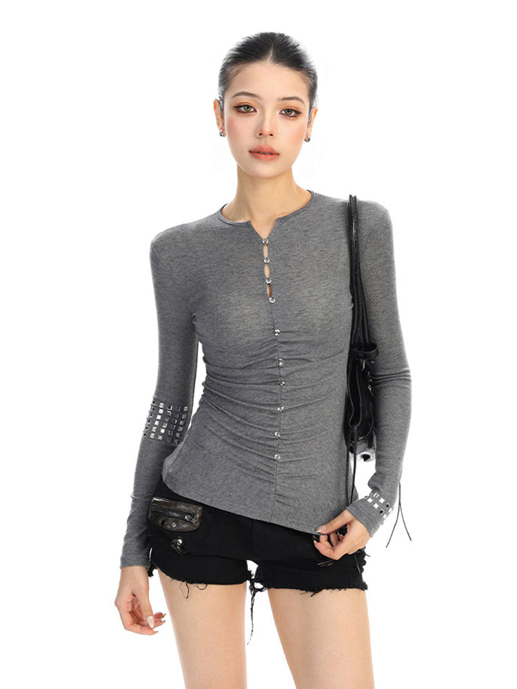 ラインストーンボタン ロングスリーブトップス