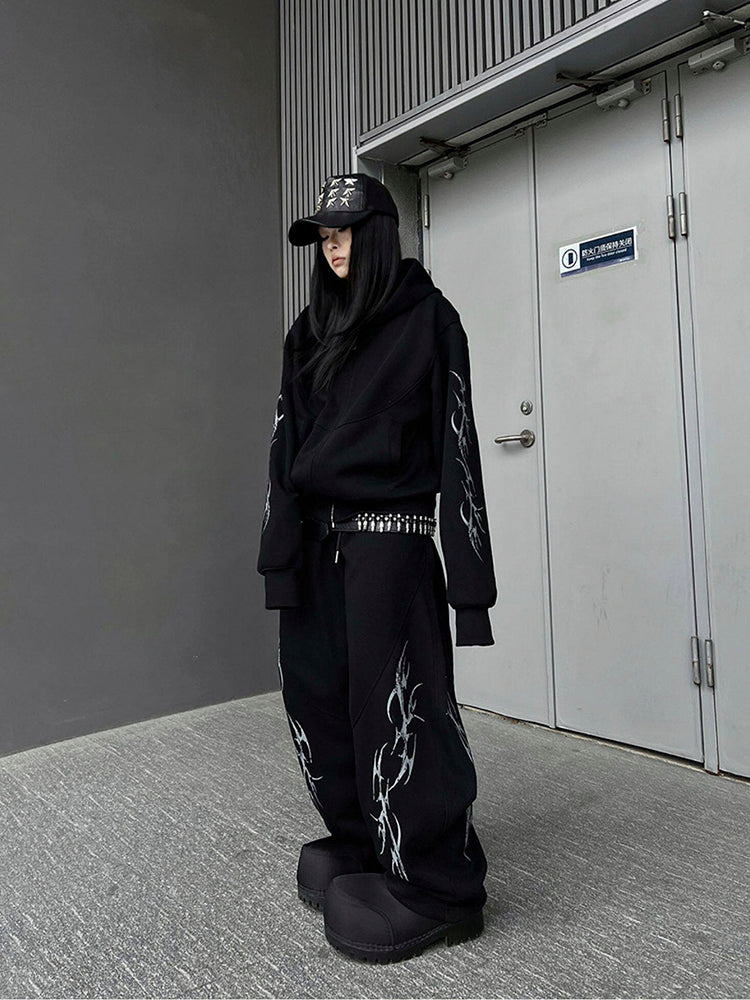 プリント カジュアル ジップアップフーディー セットアップ