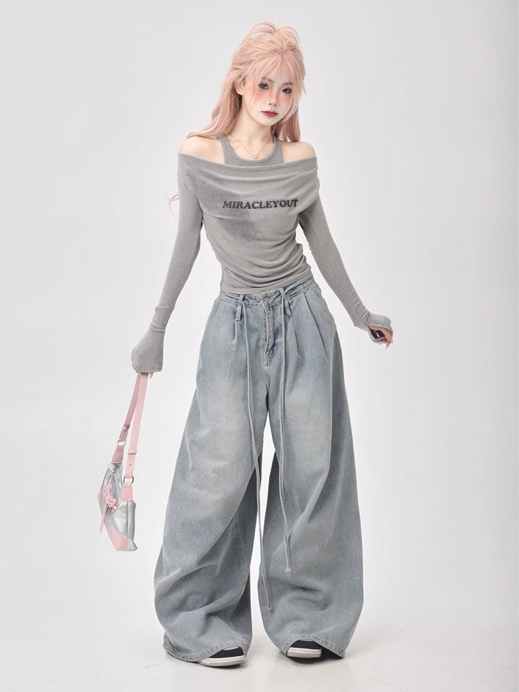 Y2K style off-the-shoulder long sleeves