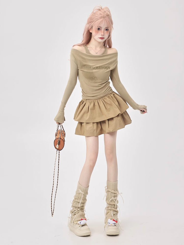Y2K style off-the-shoulder long sleeves