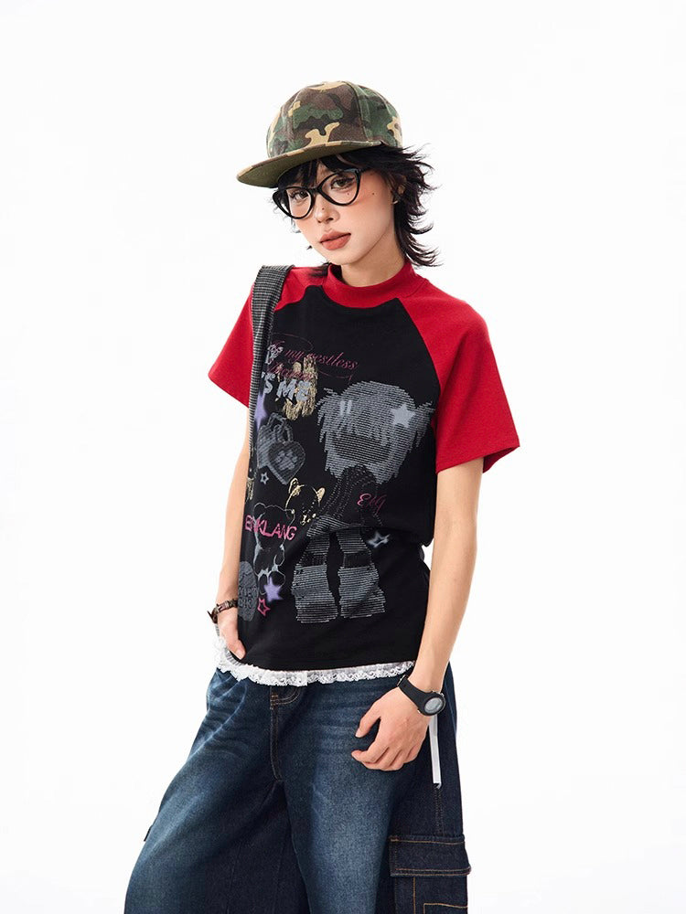 ストリート系 キャラクタープリントラグランスリーブTシャツ