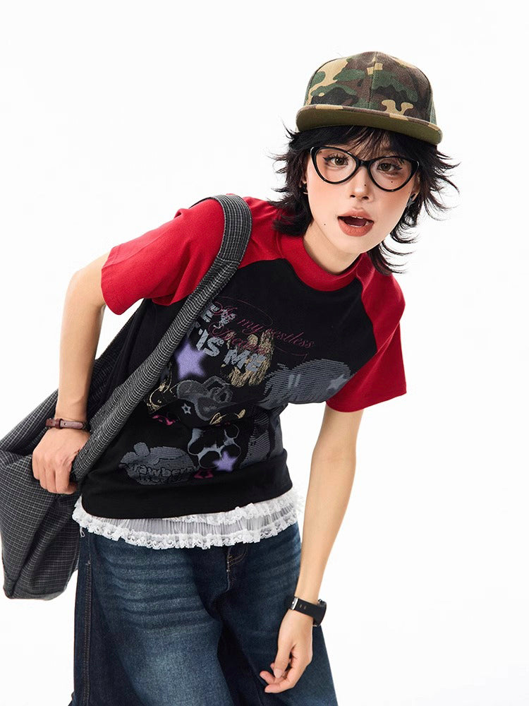 ストリート系 キャラクタープリントラグランスリーブTシャツ