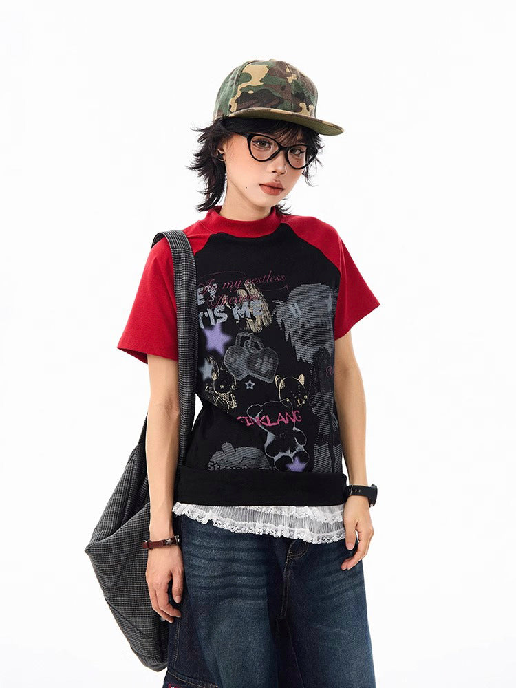 ストリート系 キャラクタープリントラグランスリーブTシャツ