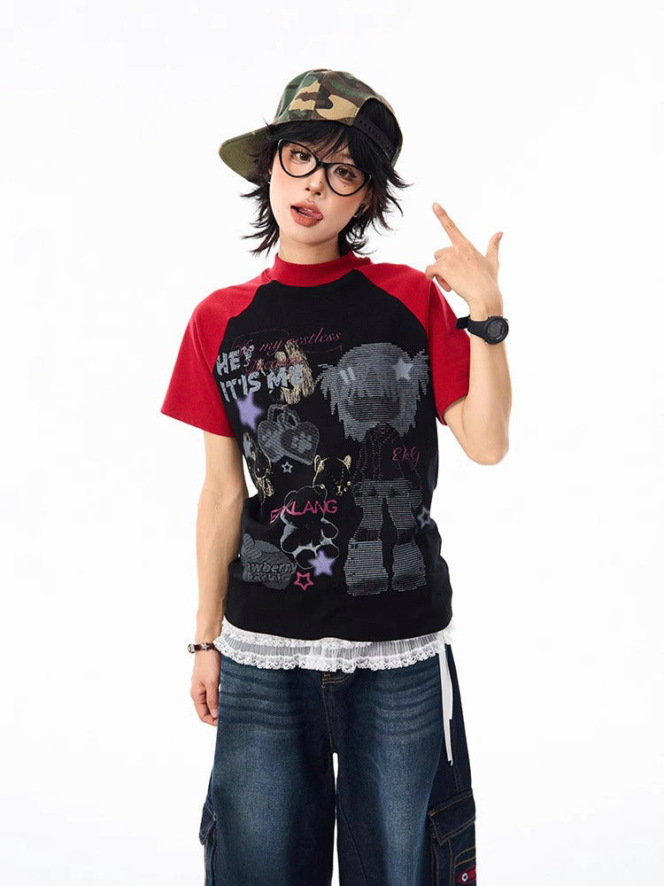 ストリート系 キャラクタープリントラグランスリーブTシャツ