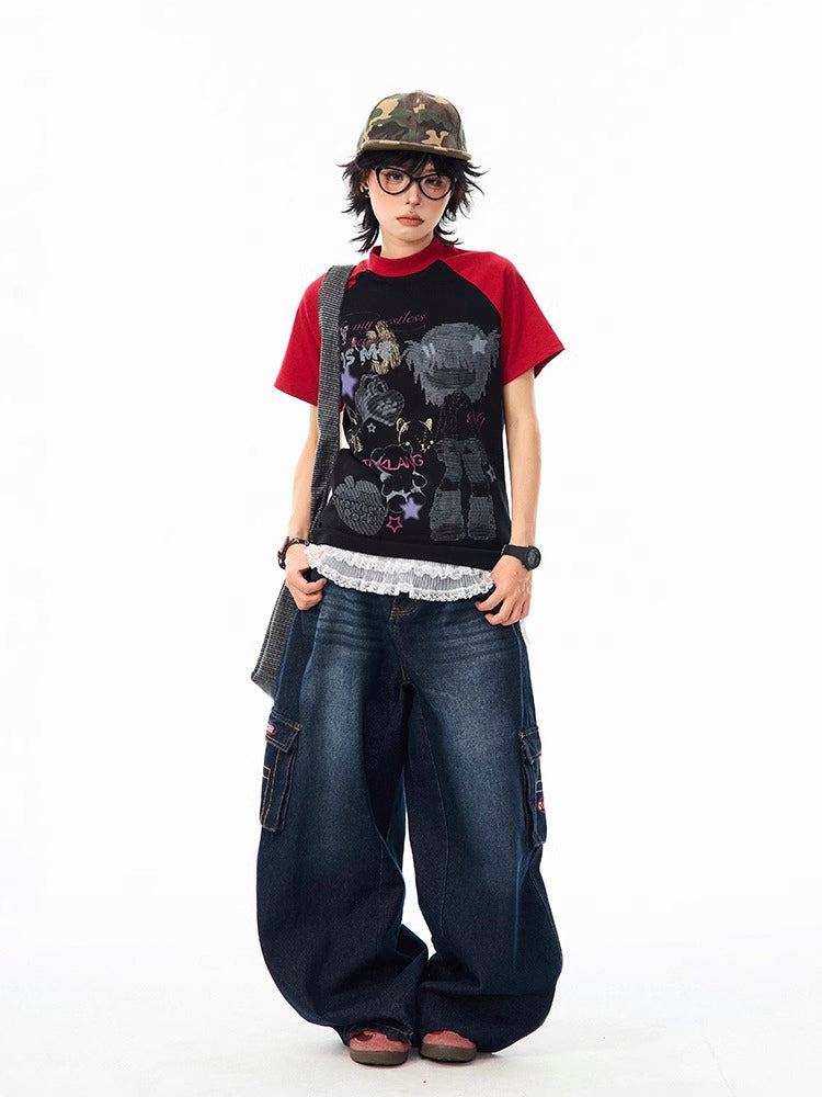 ストリート系 キャラクタープリントラグランスリーブTシャツ
