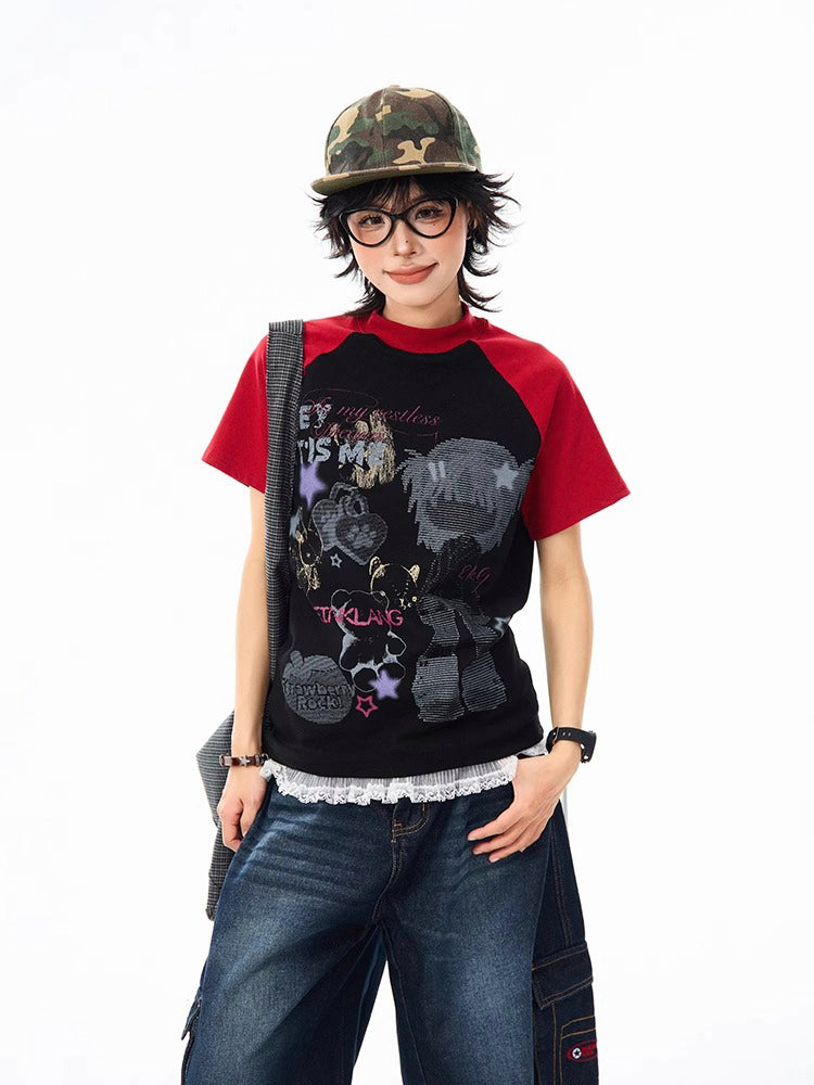 ストリート系 キャラクタープリントラグランスリーブTシャツ