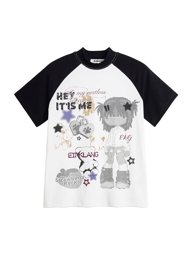 ストリート系 キャラクタープリントラグランスリーブTシャツ