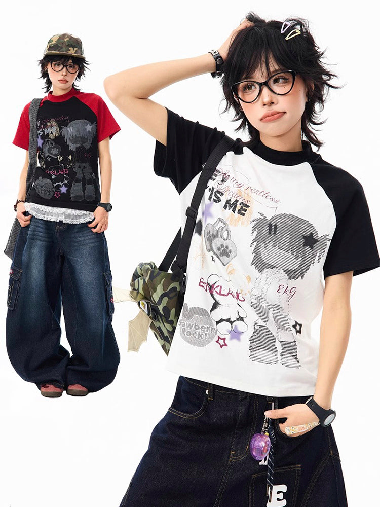 ストリート系 キャラクタープリントラグランスリーブTシャツ
