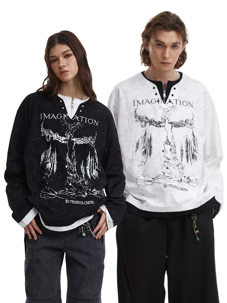 ストリートヴィンテージ風重ね着風プリントロングTシャツ