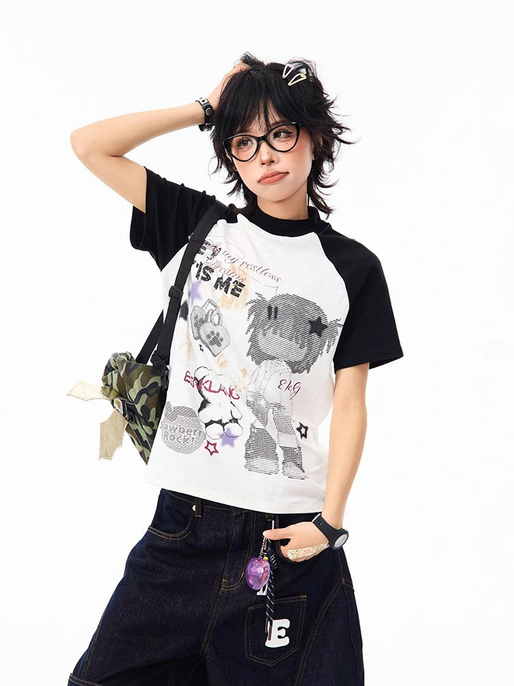 ストリート系 キャラクタープリントラグランスリーブTシャツ