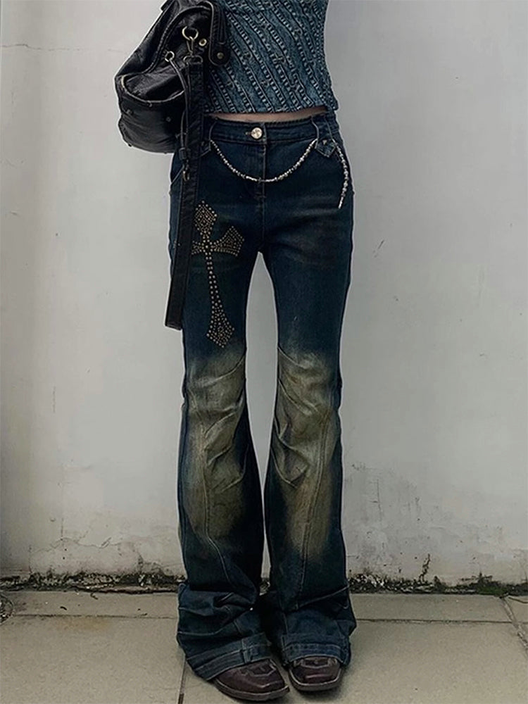 クロスデザインのギャルデニムパンツ