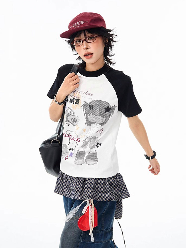 ストリート系 キャラクタープリントラグランスリーブTシャツ
