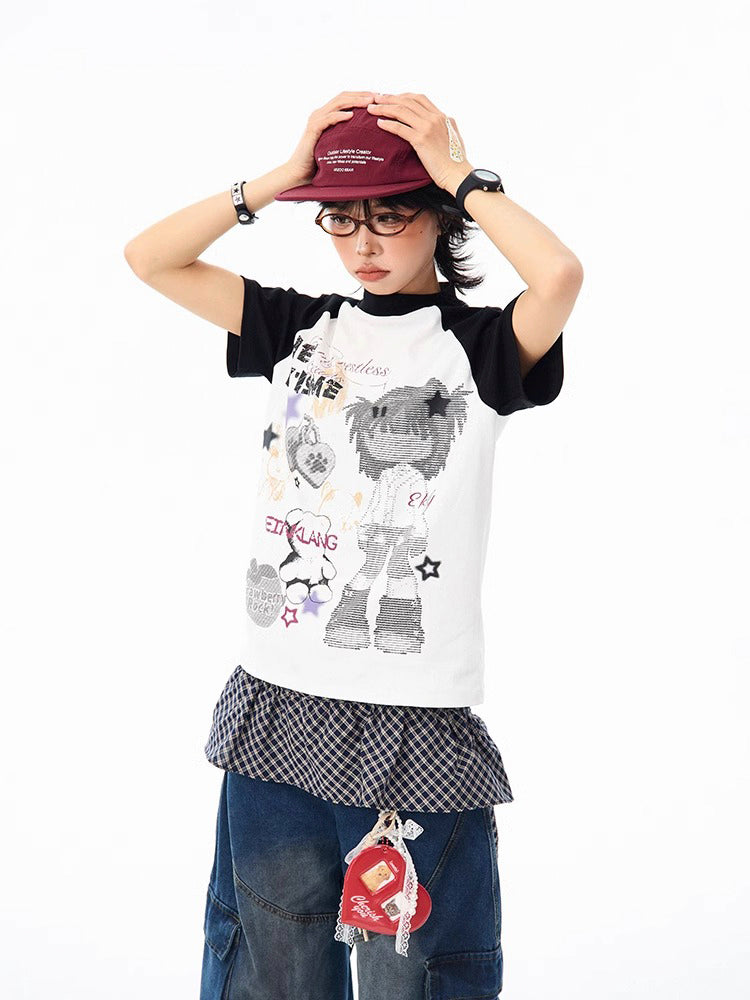 ストリート系 キャラクタープリントラグランスリーブTシャツ