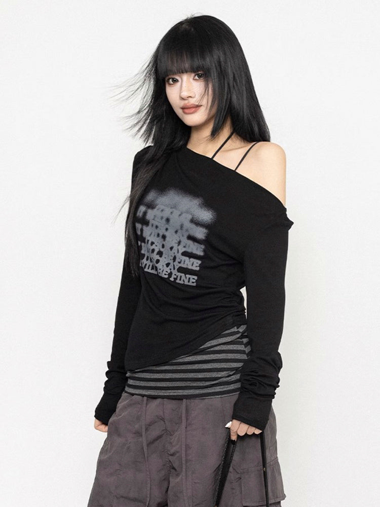 ギャルパッチワークオフショルダーロングTシャツ