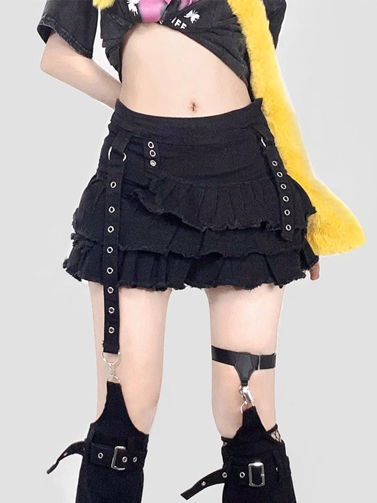 暗黒系ストリートリボン付きローライズデニムスカート