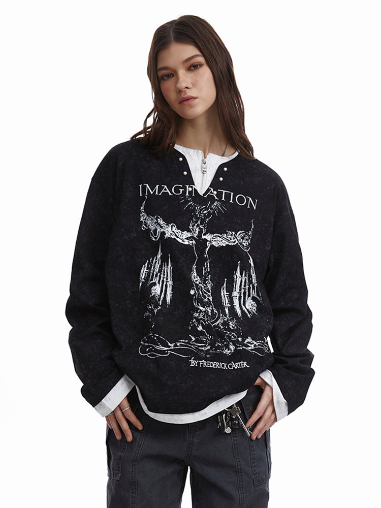 ストリートヴィンテージ風重ね着風プリントロングTシャツ