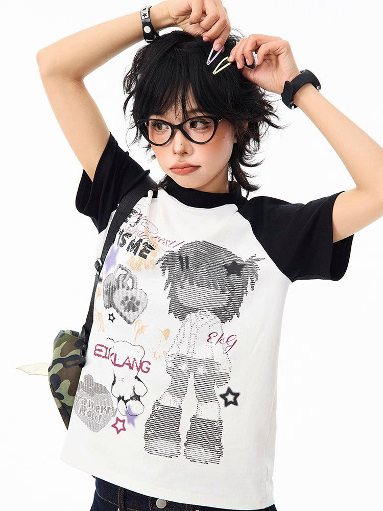 ストリート系 キャラクタープリントラグランスリーブTシャツ