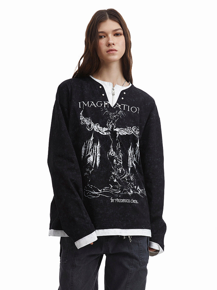 ストリートヴィンテージ風重ね着風プリントロングTシャツ
