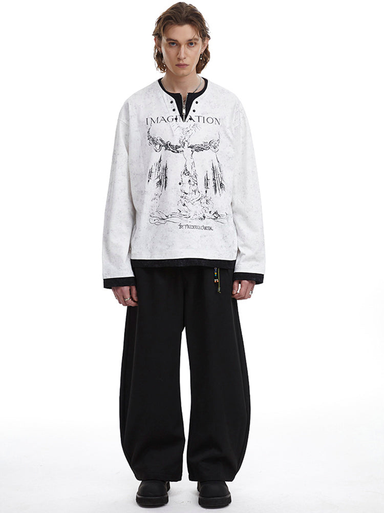 ストリートヴィンテージ風重ね着風プリントロングTシャツ
