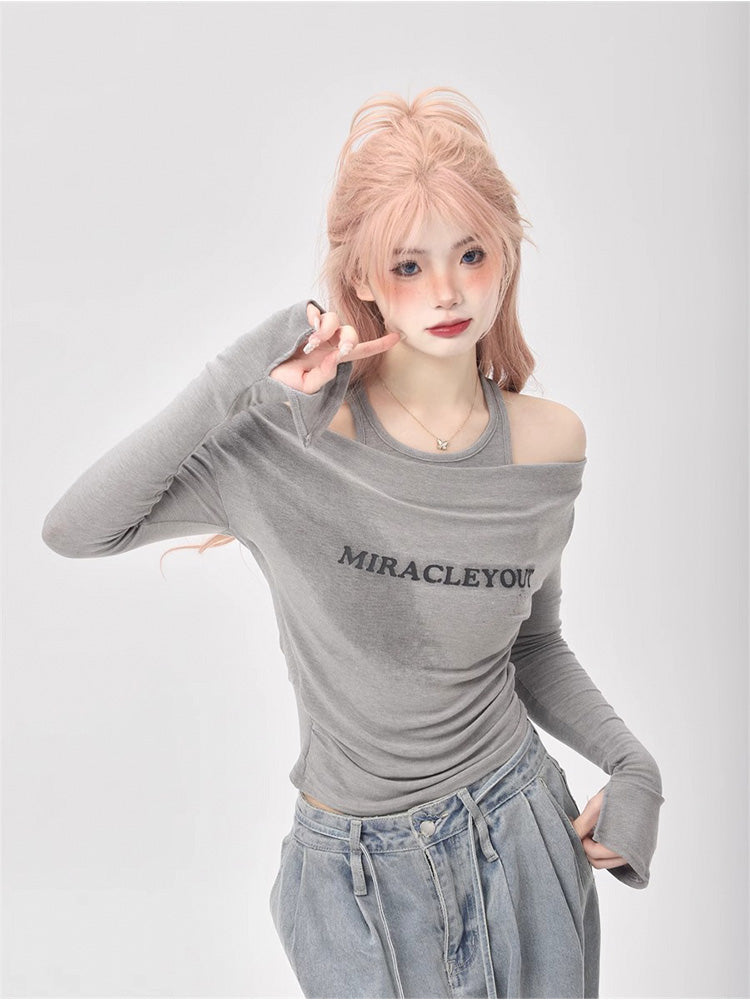 Y2K style off-the-shoulder long sleeves