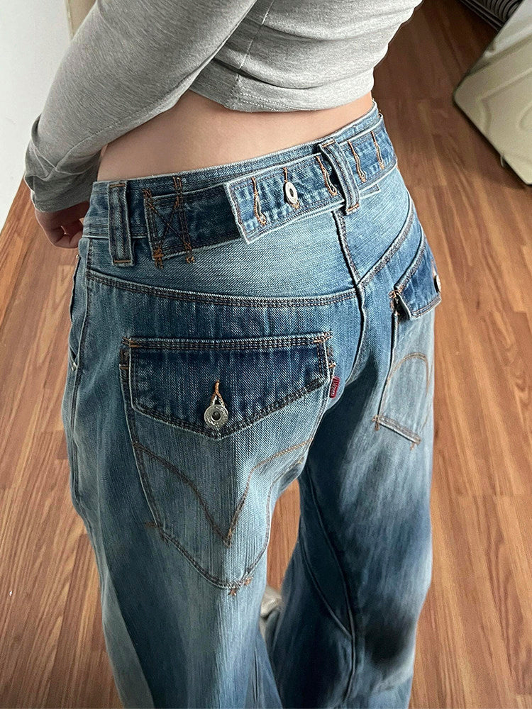 バックウエスト調節可能 ウォッシュドデニムパンツ