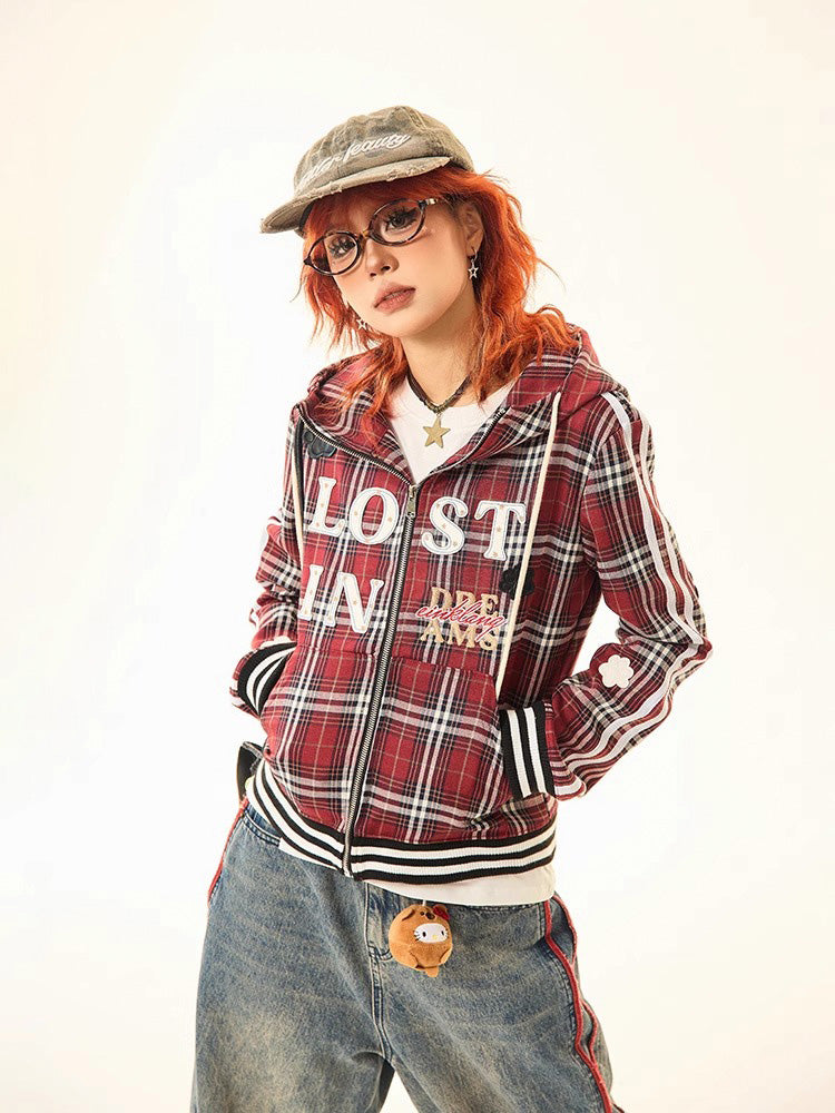 Red checked hooded sweatshirt jacket