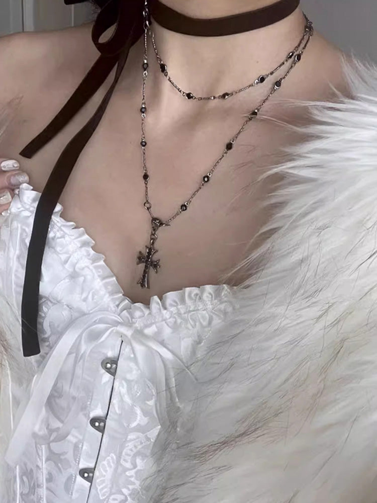 Subculture style double layer cross necklace