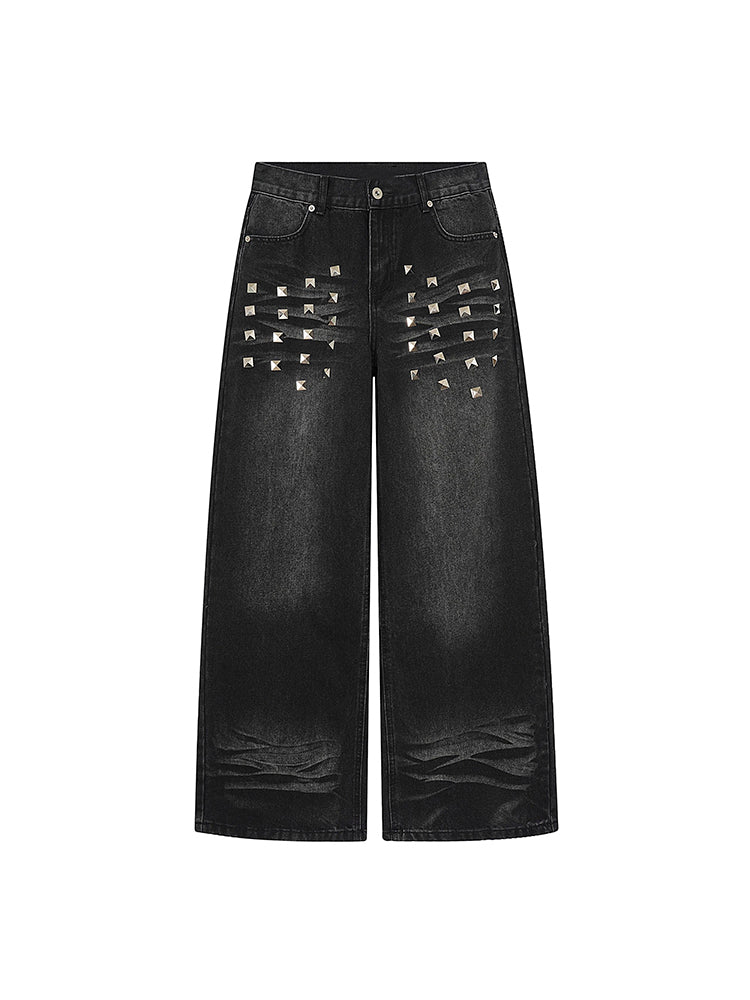スタッズ付き ヴィンテージウォッシュ デニムパンツ