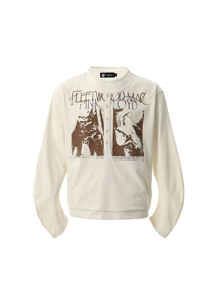 ヴィンテージパンクプリントボタン重ね着風ロングTシャツ