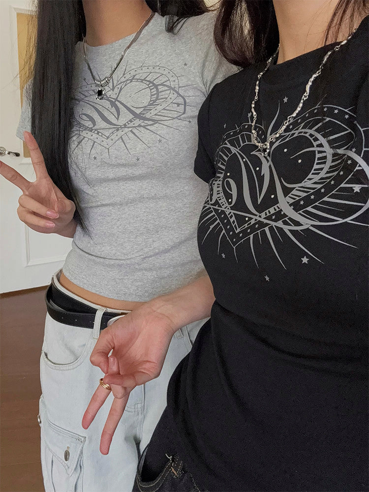 ギャル系ラインストーンハートプリントカジュアルフィットTシャツ