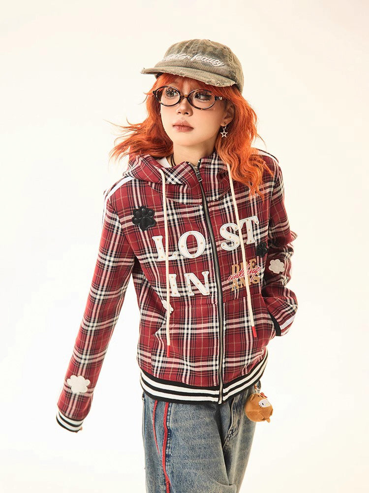 Red checked hooded sweatshirt jacket