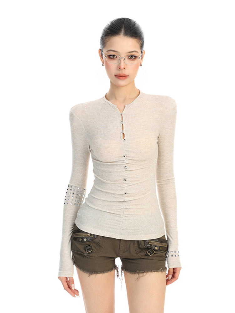 ラインストーンボタン ロングスリーブトップス