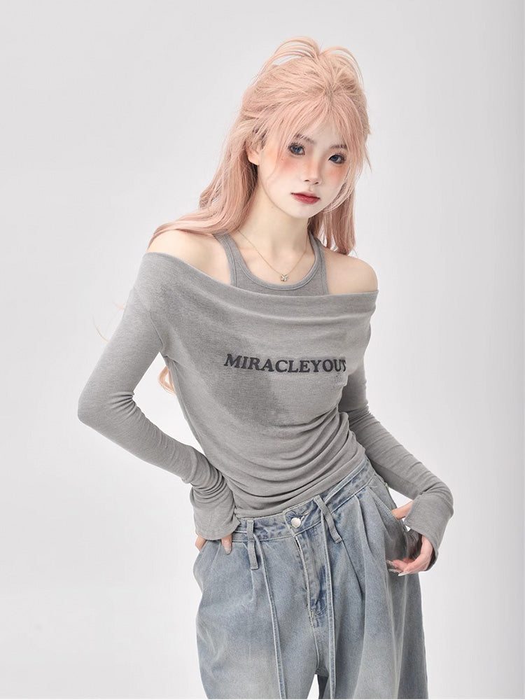 Y2K style off-the-shoulder long sleeves
