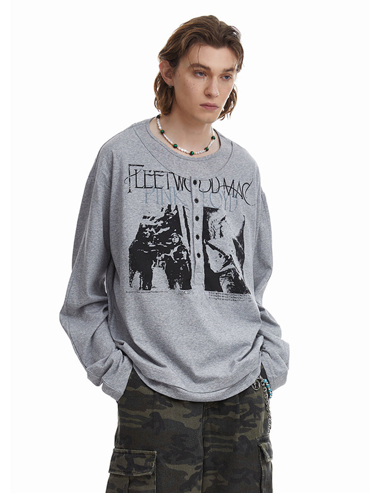 ヴィンテージパンクプリントボタン重ね着風ロングTシャツ