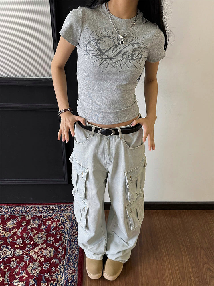 ギャル系ラインストーンハートプリントカジュアルフィットTシャツ