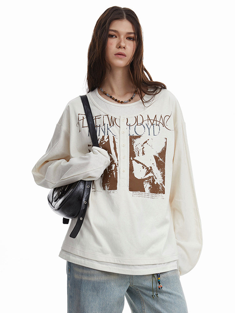 ヴィンテージパンクプリントボタン重ね着風ロングTシャツ