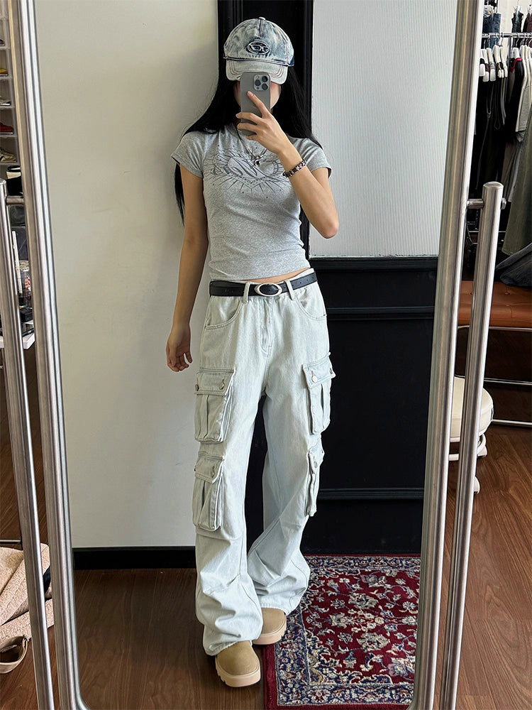 ギャル系ラインストーンハートプリントカジュアルフィットTシャツ