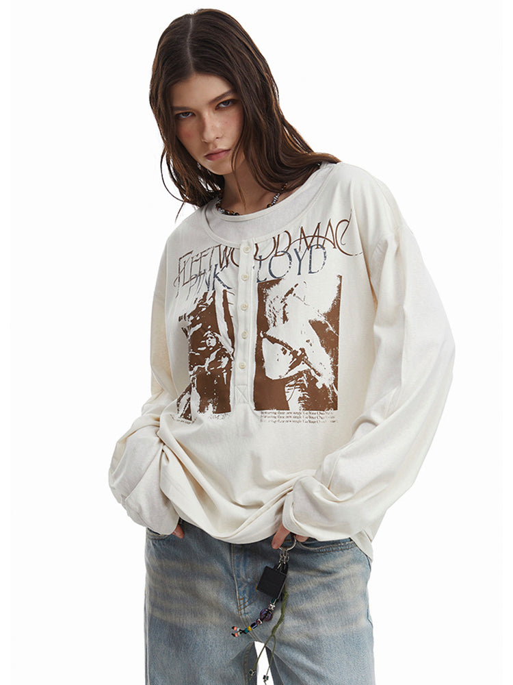 ヴィンテージパンクプリントボタン重ね着風ロングTシャツ