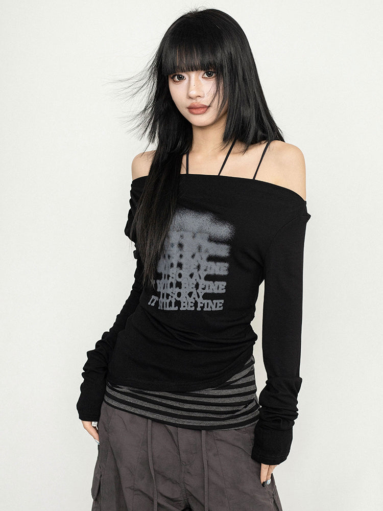 ギャルパッチワークオフショルダーロングTシャツ